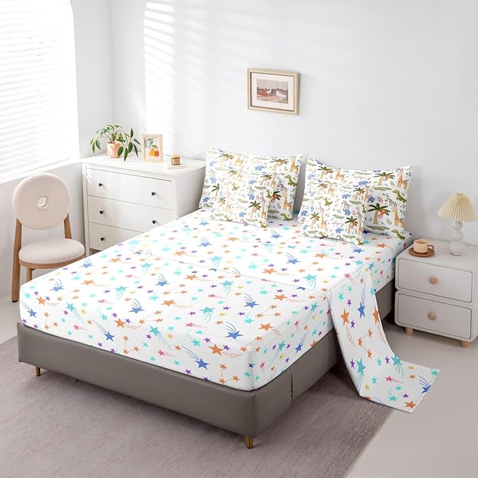 Feelyou Kids Zoo Animals 7 Piece Bedding Set Cute Giraffe Elephant Crocodile Comforter Set with Sheets for Kids Boys Girls Plants Printed Bed in a Bag Animal Theme Bed Set Soft Lightweight