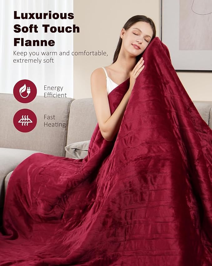 Heated Blanket Throw, Wearable Heated Blanket Two Buttons, 50x60 Inches Soft Flannel Electric Throw, 9 Heating Levels & 10 Options Auto Off, for Home, Office (Red)
