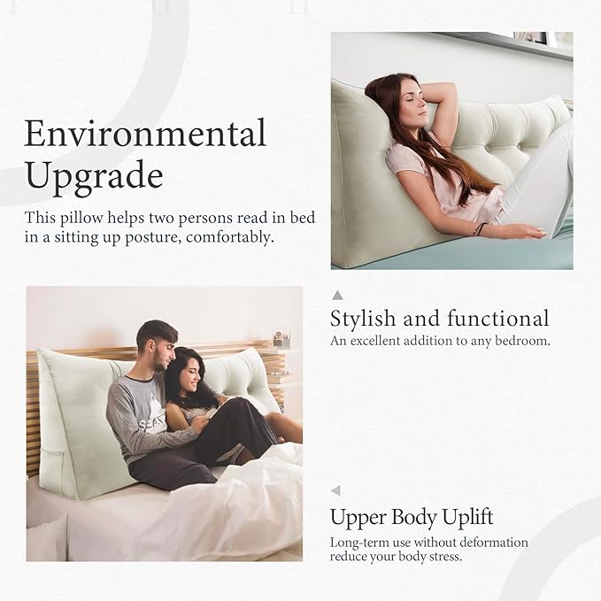 11 lbs Thickened Queen Headboard Pillow for Sitting Up in Bed, Back Support Reading Pillow with Side Pocket and Velvet Removable Cover, Triangular Large Wedge Headboard Pillow