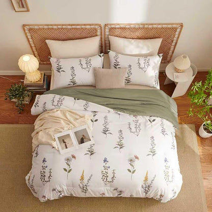 Floral Duvet Cover Queen Size Vintage Floral On White Bedding Set with Pink Purple Flower For Girls Women Men Olive Green Botanical Pattern Garden Style Fall Duvet Cover Set 3 Pieces with 2 Pillowcase