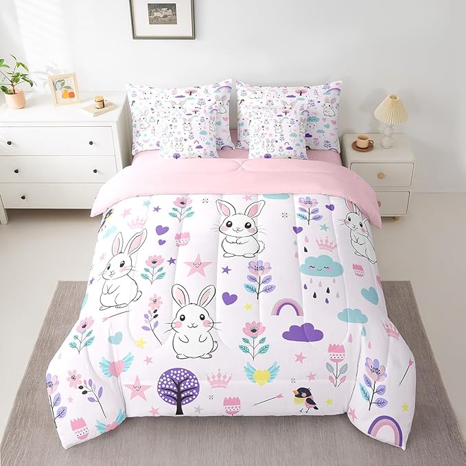 Erosebridal 7 Piece Bed in a Bag King Size Comforter Set for Kids Floral Rabbit Bedding Set,Cartoon Zoo Animal Reversible Bed Set,Cute Flower Comforter with Sheet Set,All Season