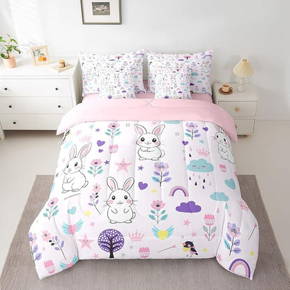 Erosebridal 7 Piece Bed in a Bag Full Size Comforter Set for Kids Floral Rabbit Bedding Set,Cartoon Zoo Animal Reversible Bed Set,Cute Flower Comforter with Sheet Set,All Season