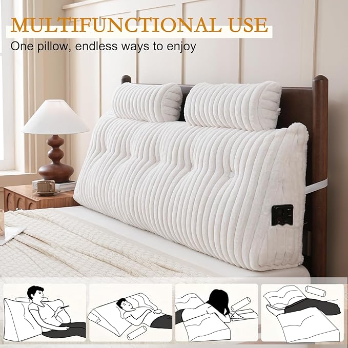 YOUR MOON Large Wedge Headboard Pillow King for Back with 2 Roll Pillows, Faux Fur Backrest Cushion with Shredded Memory Foam, Triangular Wedge Reading Pillow for Bed Sitting Up Sleeping, White