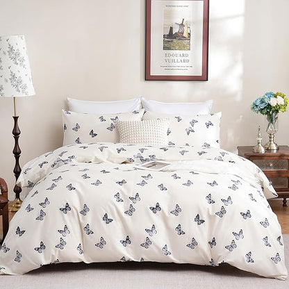 Butterfly Duvet Cover Set Queen Size 100% Cotton Duvet Cover 3 Pcs Cute Butterfly Printed Comforter Cover with Zipper Closure Soft and Lightweight Cotton Duvet Cover