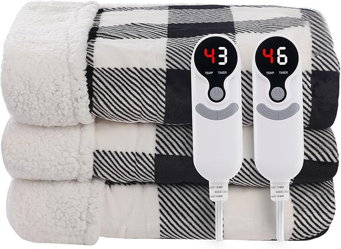 LUXIAN Electric Heated Blanket Queen Size 84"x90" - Flannel & Sherpa Fabric Dual-Sided, 6 Heat Settings & 1-10 Hours Auto Off, Machine Washable, Striped Checkered