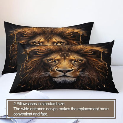 Lion Duvet Cover Twin Trippy Golden Lion Bedding Set 2 Piece for Kids Bedroom Modern Wild Animal Patterned Comforter Cover with Zipper Ties & 1 Pillowcases