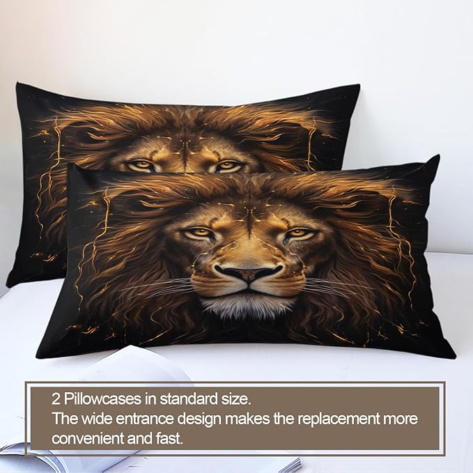 Lion Duvet Cover Twin Size, Trippy Golden Lion Bedding Set 2 Piece Kids and Adults Modern Wild Animal Patterned Comforter Cover with Zipper Ties & 1 Pillowcases