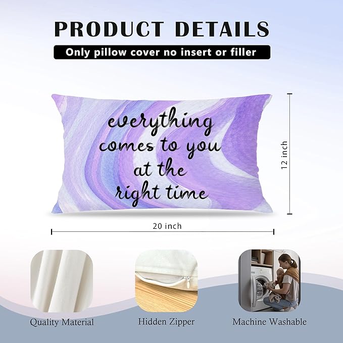 Abstract Purple Inspirational Pillow Covers 12x20, Mindfulness Gifts, Self Motivation Everything Comes to You at The Right Time Decorative Lumbar Pillow Covers for Bedroom Living Room Home