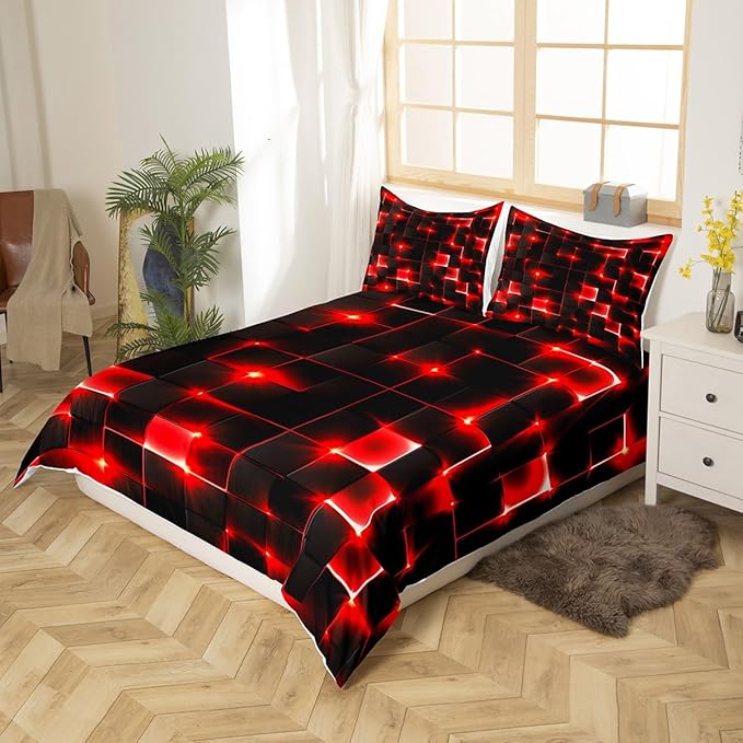 Castle Fairy Abstract Bedding Set King Size for Teens,3D Modern Cool Geometric Grid Square Comforter Cover with 2 Pillowcases,Shiny Red Neon Light Black Duvet Cover Set Microfiber Quilt Cover