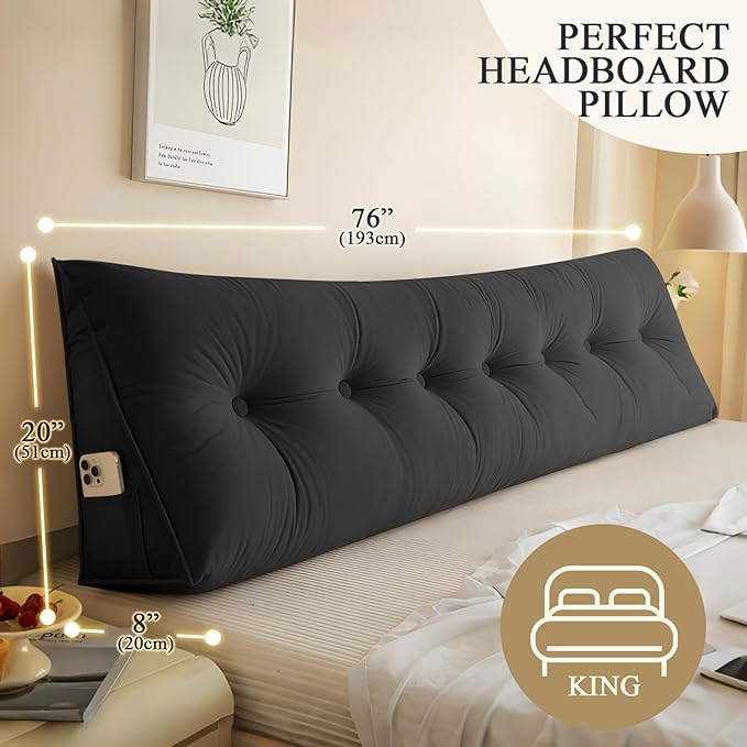 Headboard Pillow King, Large Triangular Wedge Headboard Pillow for Reading and Resting, Backrest Positioning Support Pillow with Removable Cover (Black)