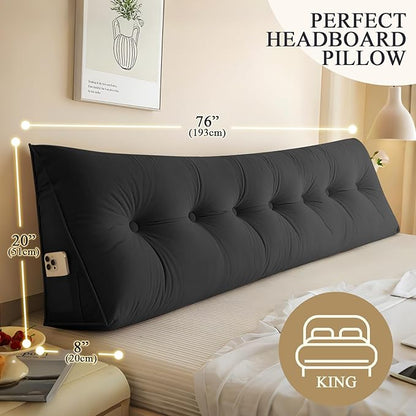 Headboard Pillow King, Large Triangular Wedge Headboard Pillow for Reading and Resting, Backrest Positioning Support Pillow with Removable Cover (Black)