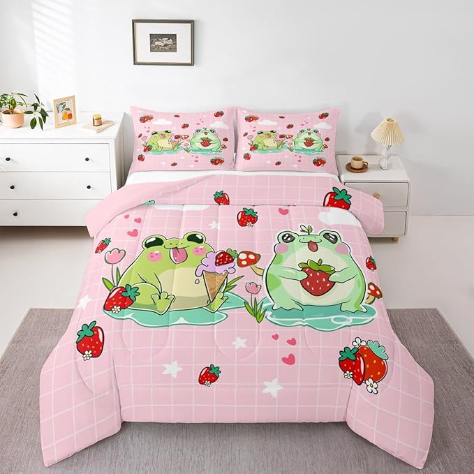 Cartoon Frog Comforter Set King Size Red Mushroom Strawberry Bedding Set for Kids Girls Boys Teens Bedroom Decor Cute Stars Cloud Pink Grid Quilt Set Kawaii Animals Plants Duvet Insert 3Pcs