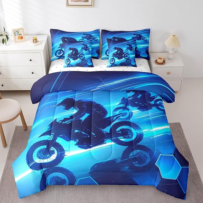 Feelyou Dirt Bike Comforter Set with Sheets King Size Racing Motocross Rider 7 Piece Bedding Set for Kids Boys Girls Teens Toddler Extreme Sports Bed in a Bag Blue Bed Set