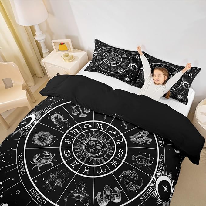 Sun Moon Bedding Set Twin Size,Starry Galaxy 12 Constellations Duvet Cover Set 2Pcs for Kids Boys Girls Teens Room Decor,Black White Exotic Comforter Cover Gothic Boho Quilt Cover,1 Pillowcase