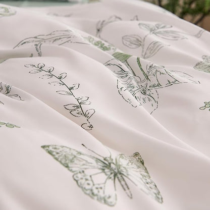 Floral Duvet Cover Queen Size Green Flower Butterfly Bedding Set 3Pcs Romantic Spring Garden Aesthetic Botanical Reversible Cooling Comforter Cover with Zipper Closure & Corner Ties