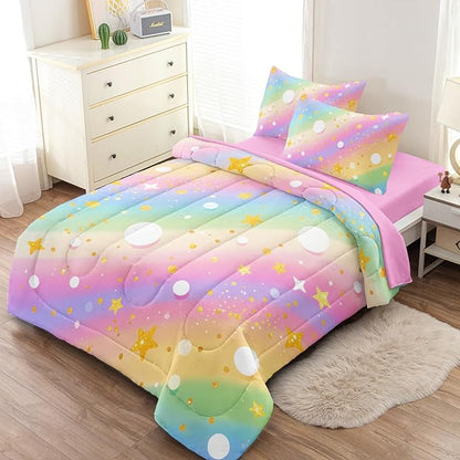3 Pcs Full Bedding Sets for Girls, Pink Glitter Rainbow Full Size Bed Set, Stars Galaxy Bedding Comforter Set for Girls