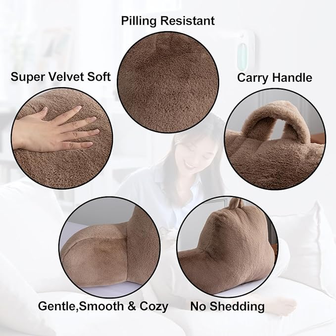 Holawakaka Large Faux Fur Bed Rest Pillow with Arms, Rabbit Fur Reading Pillows Perfect for Adults Men Women, Arm, Back, Pregnancy Lumbar & Head Neck Coccyx Lower Back Support Cushion (Khaki)