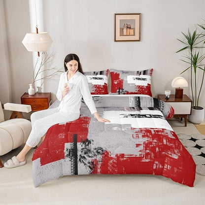 Feelyou Abstract Bedding Set Comforter Set for Kids Boys Children Modern Abstract Art Comforter Ultra Soft Decor Red Grey White Duvet Set Full Size
