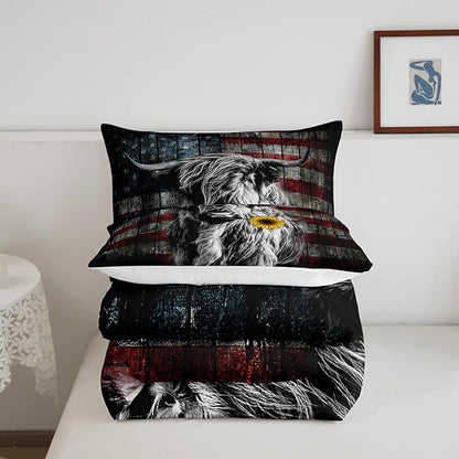 Feelyou Highland Cattle Bedding Set Sunflower Highland Cow Comforter Set for Kids Boys Girls America Flag Bull Comforter Animal Quilt Set 1 Comforter Set with 2 Pillowcases Queen Size