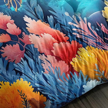 Ocean Bedding Turtle Comforter Set Full Size,Undersea World Bedding Collections for Kids Teens Boys Room Decor,Colorful Coral Aquatic Plants Beach Themed Bedding with 2 Pillowcases.