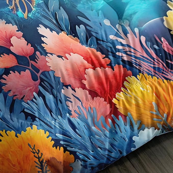 Ocean Bedding Turtle Comforter Set Queen Size,Undersea World Bedding Collections for Kids Teens Boys Room Decor,Colorful Coral Aquatic Plants Beach Themed Bedding with 2 Pillowcases.