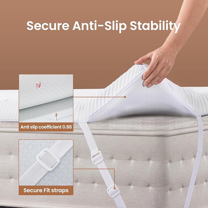OhGeni Medium Feel Twin XL Cooling Gel Memory Foam Mattress Topper Pad, Washable Bed Cover with Anti-Slip Base,Zipper & Straps,Extra Comfort & Back Pain Relief,College Dorm Room Essential