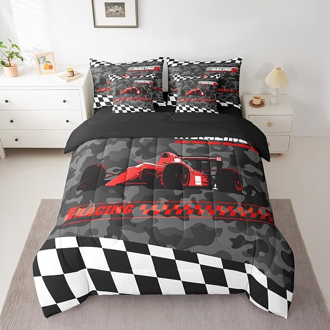 Feelyou Red Racing Car 7 Piece Bedding Set King Size Kids Boys Cartoon Race Car Comforter Set with Sheets for Teens Toddler Extreme Sports Bed in a Bag Camouflage Bed Set