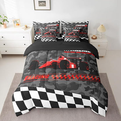 Feelyou Red Racing Car 7 Piece Bedding Set King Size Kids Boys Cartoon Race Car Comforter Set with Sheets for Teens Toddler Extreme Sports Bed in a Bag Camouflage Bed Set