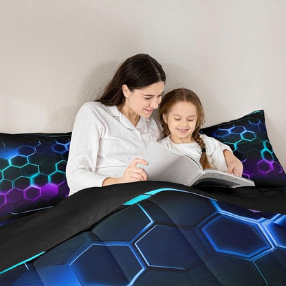 Fashion 3D Honeycomb Bedding Comforter Set King Size Neon Colorful Light Geometric Hexagon Comforter Set for Boys Teens Kids Bedroom Decor Video Racing Games Quilted Duvet Black Duvet Insert 3pcs
