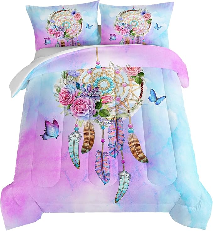 HOSIMA Boho Bedding Dream Catcher Full Size Comforter Sets with 2 Pillowcases,Butterfly Bed Set Room Decor for Teen Girls,Feather Floral Bedding Bed in a Bag Full Size for Adults Kids.