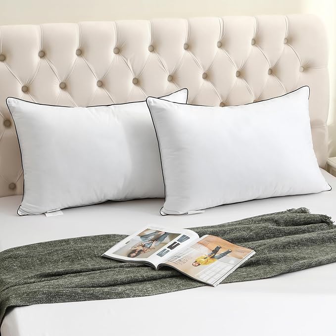 BPC Goose Feather Down Pillows Queen Size Set of 2, Luxury Hotel Collection Bed Pillows for Sleeping, 100% Organic Cotton Cover, Fluffy and Soft Support Surround Fill Polyester, Medium Firm, 20"x30"