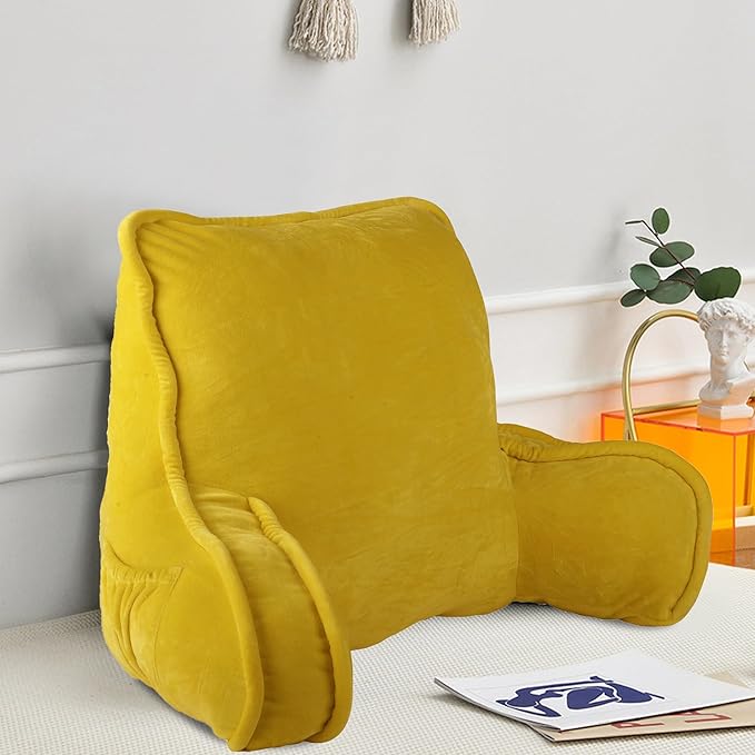 Home Soft Things Super Soft Bedrest Reading Pillow, Lounger Backrest Pillow for Sitting in Bed with Arms Pockets, 20" x 18" x 17", Lemon Curry