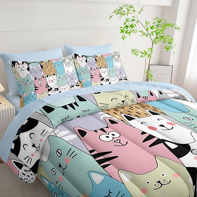 Cat Comforter Set 7 Piece King Size Bed in A Bag,Kawaii Bedding for Room Decor,Soft Cat Comforter Blue Cute Bedding with Fitted Sheet,Flat Sheet, Pillowcases & Shams