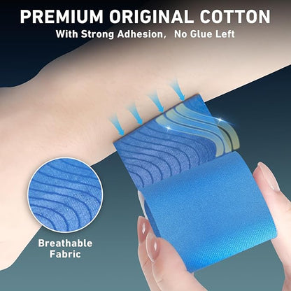 PreCut Kinesiology Tape for Knees, 24PCS Waterproof KTQUICK Knee Tape for Knee Pain Relief Pre Cut, Original Cotton Athletic Knee Tape, Waterproof & Hypoallergenic Latex-Free for Sports(Blue)