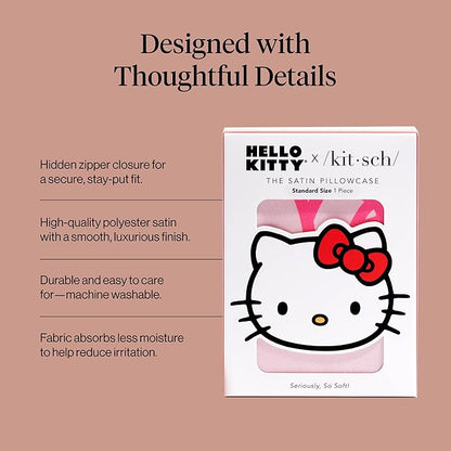 Kitsch x Hello Kitty Pillow Case – Pink Kitty Faces Toddler Bed Time Satin Pillowcase with Zipper – Soft Cooling Pillow Cover for Hair & Skin – Better Than Silk Pillowcase – Queen/Standard 19x26