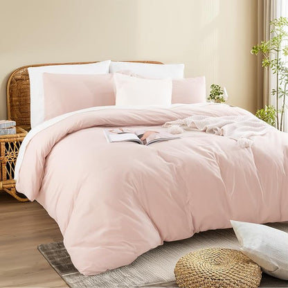 NEXHOME PRO Duvet Cover Set 100% Washed Cotton Full Size Linen Feel Textured Organic Natural 3 Pieces Bedding Set Greyish Light Pink with Zipper Closure and Corner Ties, Breathable(No Comforter)