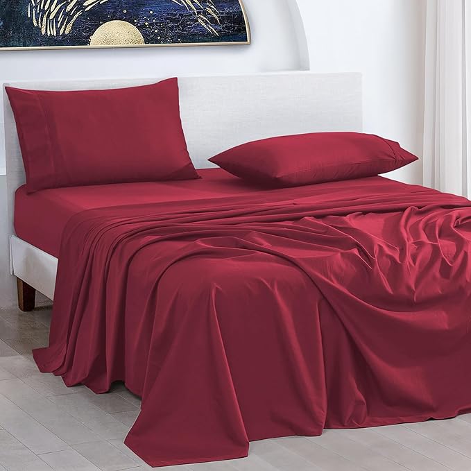 URBANHUT 1000 Thread Count Twin Bed Sheets Egyptian Cotton Sheet Set, Long Staple Soft & Breathable, 3 Pc Bed Sheet Sets, Luxury Hotel Sateen Sheets Fits 16" Deep Pocket - Burgundy