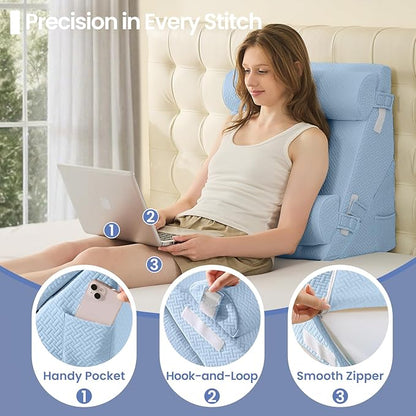 Sasttie Wedge Pillow Set for After Surgery, 3PCS Adjustable Bed Wedge Pillow Headboard with Memory Foam Neck Cushion – for Acid Reflux, Sleeping, Neck & Back Support, Blue