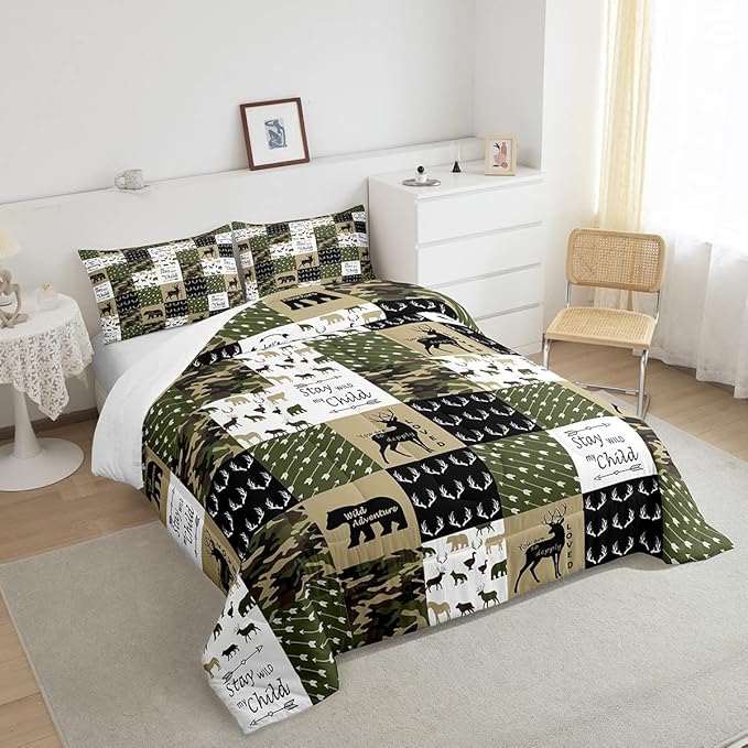 Feelyou Deer Print Comforter Soft Quilt for Girls, Bear Camouflage Bedding Set Kids Deer Hunting Arrow Grid Plaid Comforter Set Decor,Green Collection 3Pcs Queen Size Boys