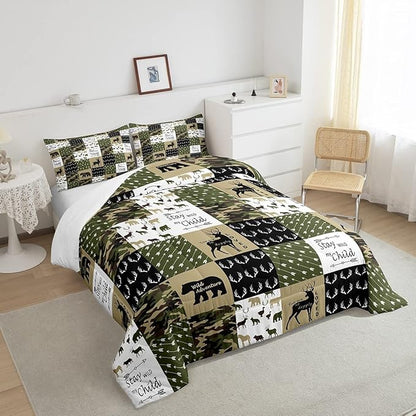 Feelyou Deer Print Comforter Soft Quilt for Girls, Bear Camouflage Bedding Set Kids Deer Hunting Arrow Grid Plaid Comforter Set Decor,Green Collection 3Pcs Queen Size Boys
