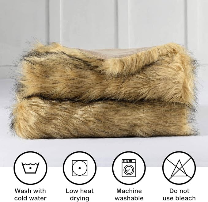 Luxury Plush Faux Fur Throw Blanket, Long Pile Golden Yellow with Black Tipped Blanket, Super Warm, Fuzzy, Elegant, Fluffy Decoration Blanket Scarf for Sofa, Armchair, Couch and Bed, 60''x 80''