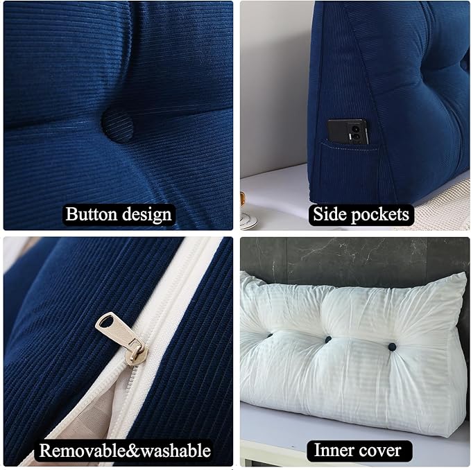 SAMTY Husband headboard Pillow Large Back Rest Support Reading Pillows for Sitting in Bed for Adults Triangle Velvet Wedge Pillow headboard Twin XL Size, Blue
