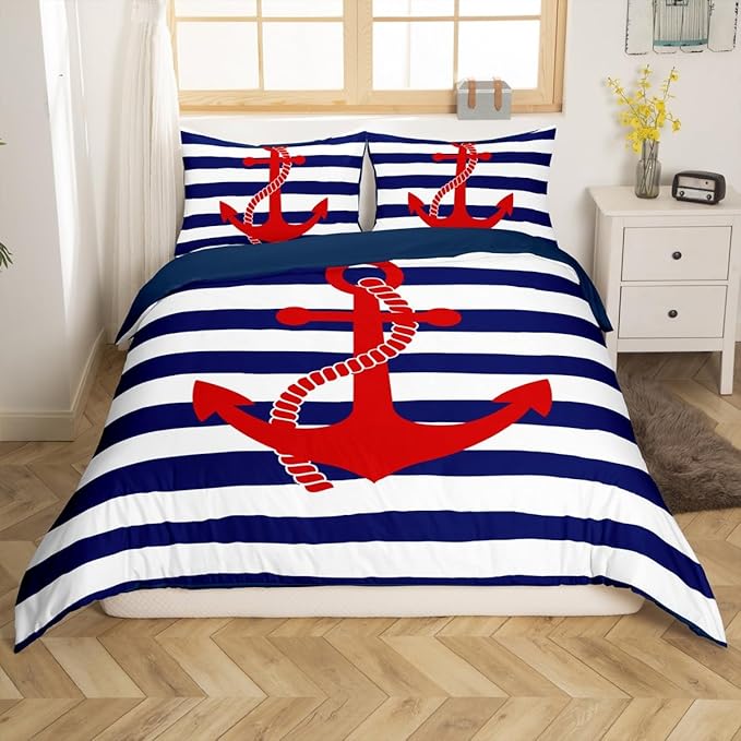 Nautical Anchor Duvet Cover Sets Queen,Geometric Stripes Comforter Cover Ocean Adventure Theme Quilt Cover Navy Blue and Red Bedding Set 3pcs for Kids Girls Teens Boys Room Decor with 2 Pillowcases