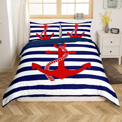 Nautical Anchor Duvet Cover Sets Queen,Geometric Stripes Comforter Cover Ocean Adventure Theme Quilt Cover Navy Blue and Red Bedding Set 3pcs for Kids Girls Teens Boys Room Decor with 2 Pillowcases