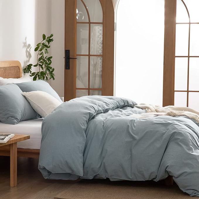 Light Blue Duvet Cover Queen, 100% Washed Cotton Linen Like Textured 3 Pieces Bedding Set, Solid Color Simple Style Luxury Relaxed Feel Natural Wrinkled Breathable Soft Comfy (Light Blue, Queen)