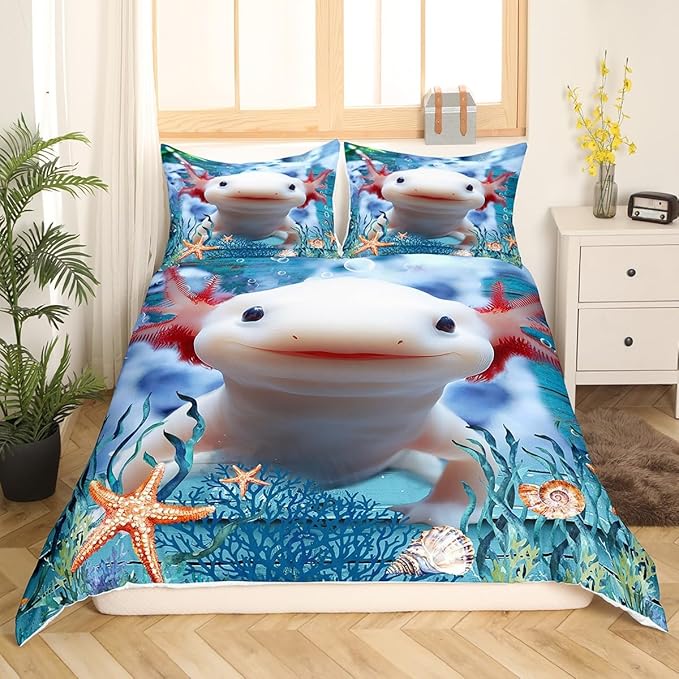 Cute Axolotl Duvet Cover Set King Size,Seaweed Coral Conch Comforter Cover with 2 Pillowcases Bedspread,Sea Creatures Theme Microfiber Quilt Cover for Adult Women, 3 Pieces