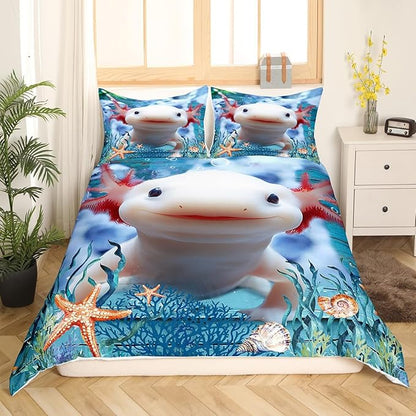 Cute Axolotl Duvet Cover Set King Size,Seaweed Coral Conch Comforter Cover with 2 Pillowcases Bedspread,Sea Creatures Theme Microfiber Quilt Cover for Adult Women, 3 Pieces