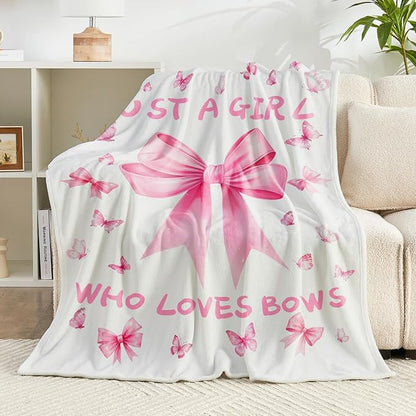 Bow Throw Blanket 60x50Inch Preppy Blanket Pink Bow Aesthetic Throw Blanket Coquette Flannel Soft Bow Plush Preppy Room Decor for Girls Women Birthday