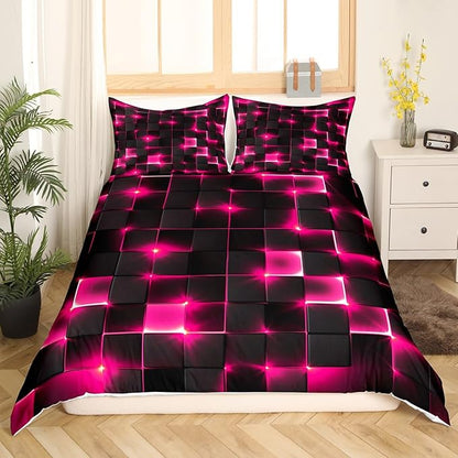 Castle Fairy Geometric Bedding Set Twin Size,3D Abstract Modern Square Grid Print Comforter Cover Set for Kids Girls,Shiny Pink Neon Light Black Bedding Quilt Cover Set Bedroom Decor, 2 Pcs