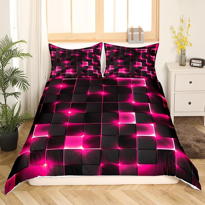 Castle Fairy Geometric Duvet Cover Set Full Size,3D Abstract Modern Square Grid Print Comforter Cover with 2 Pillowcases,Shiny Pink Neon Light Black Breathable Bedspread for Boys Teens
